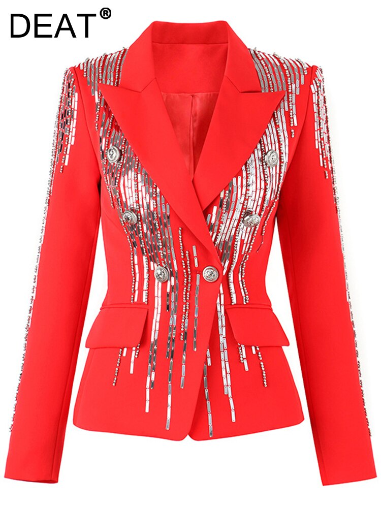 DEAT-신제품 노치 슬림 스팽글 블레이저 여성용, 더블 단추 긴 소매 빨간 정장 재킷, 여성 타이드 7YZ8501, 2022 가을 상품